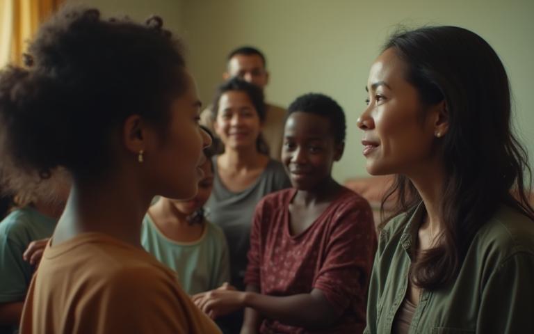 Still image from an impactful nonprofit video showing people connecting